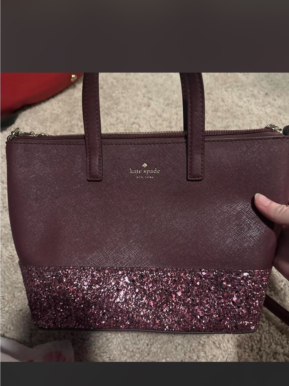 kate spade Maroon Satchel with Pink Glitter Panel
